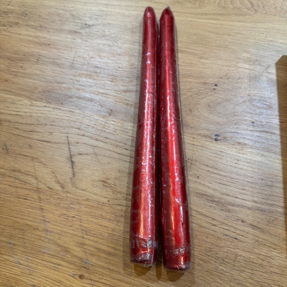 New Metallic Red Taper Candles Pair Shimmering Unscented Holiday Decor 10 Inch